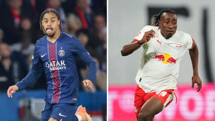 Bradley Barcola pictured on the ball during Paris Saint-Germain's UEFA Champions League match against Bayern Munich. Yan Diomande pictured running ...
