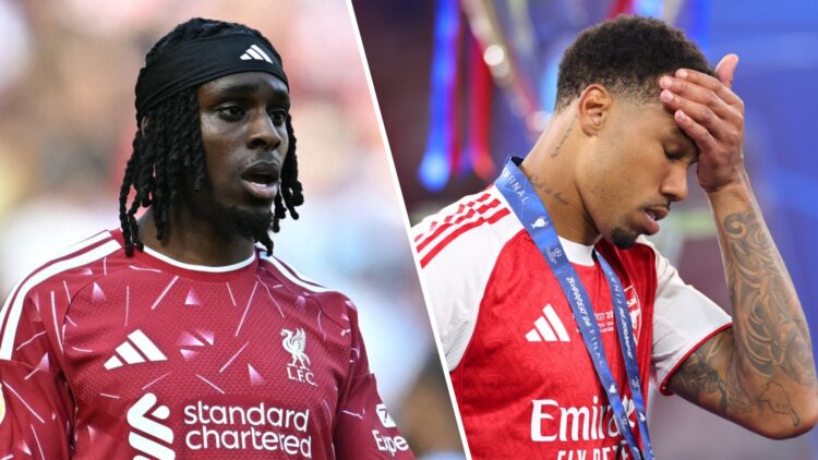 Jeremie Frimpong pictured playing during Liverpool's final match of the Premier League season against Brentford at Anfield. Gabriel puts his hand o...