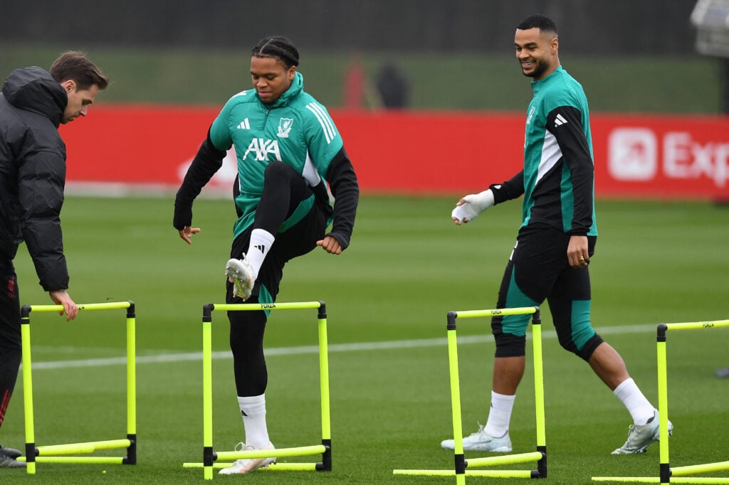 Rio Ngumoha and Cody Gakpo pictured during a Liverpool training session at the AXA Training Centre