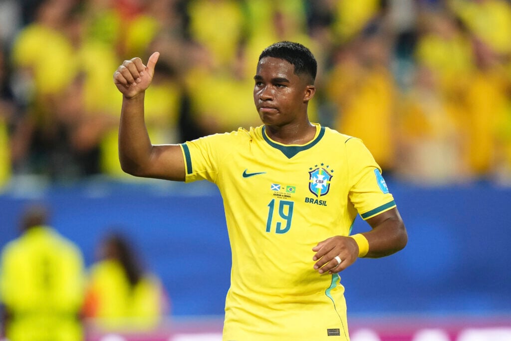 Endrick gives a thumbs up during Brazil's FIFA World Cup group stage match against Scotland in Miami