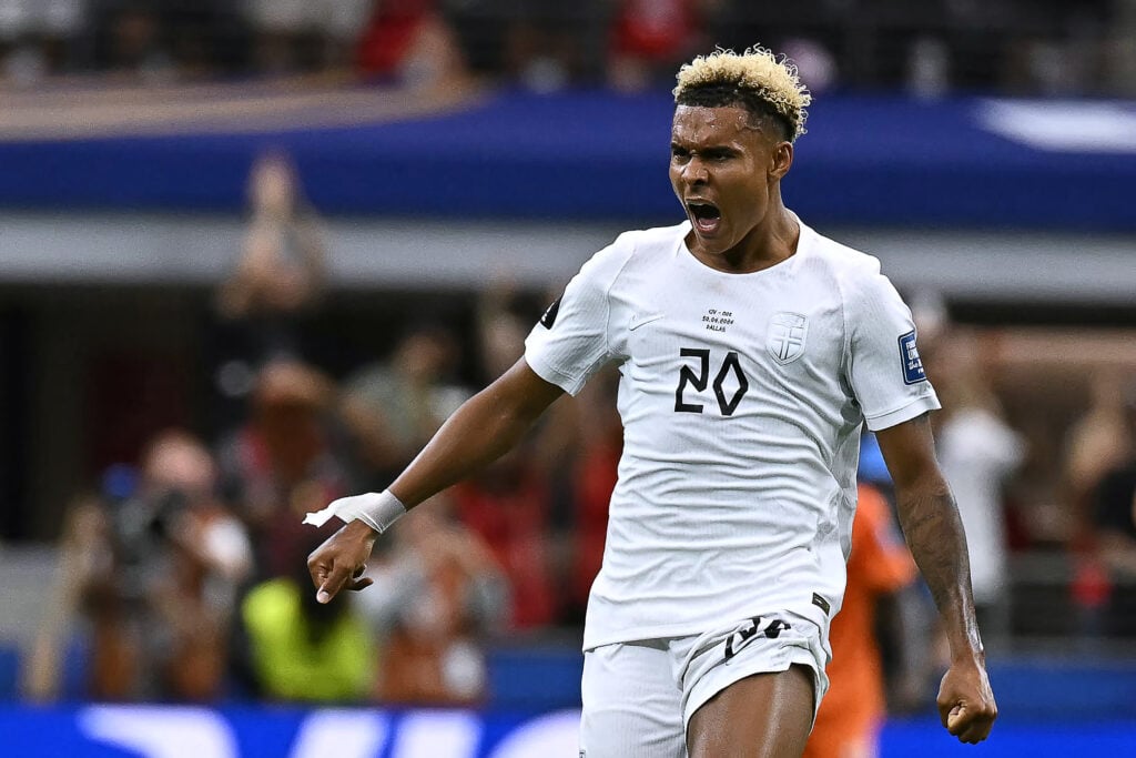 Antonio Nusa celebrates after scoring for Norway during their FIFA World Cup last-32 match against Ivory Coast in Arlington