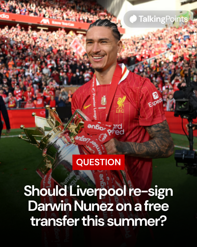 Liverpool's Darwin Nunez poses with the Premier League trophy at Anfield after the final day of the 2024/25 season (Credit: Getty Images/Michael Regan/Premier League