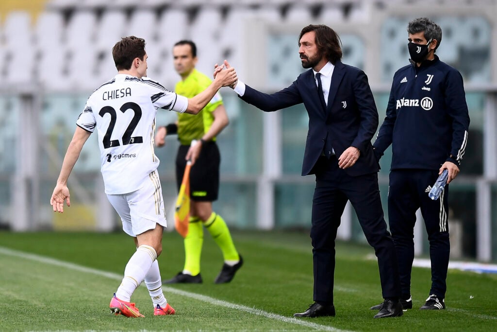 Federico Chiesa (L) of Juventus FC celebrates with Andrea