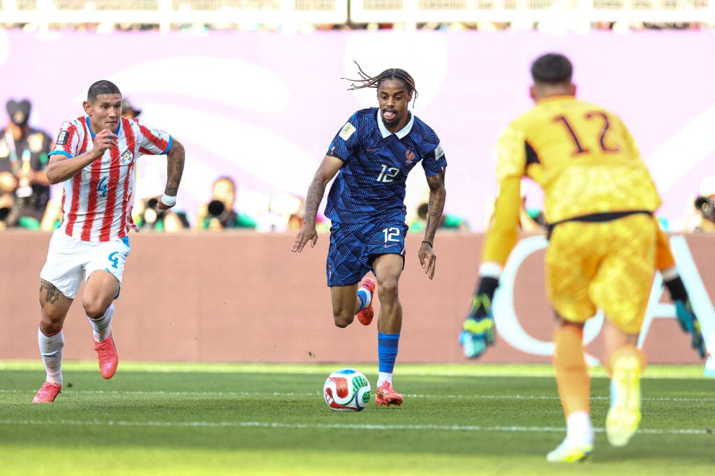 Bradley Barcola runs with the ball during France's FIFA World Cup last-16 match against Paraguay in Philadelphia