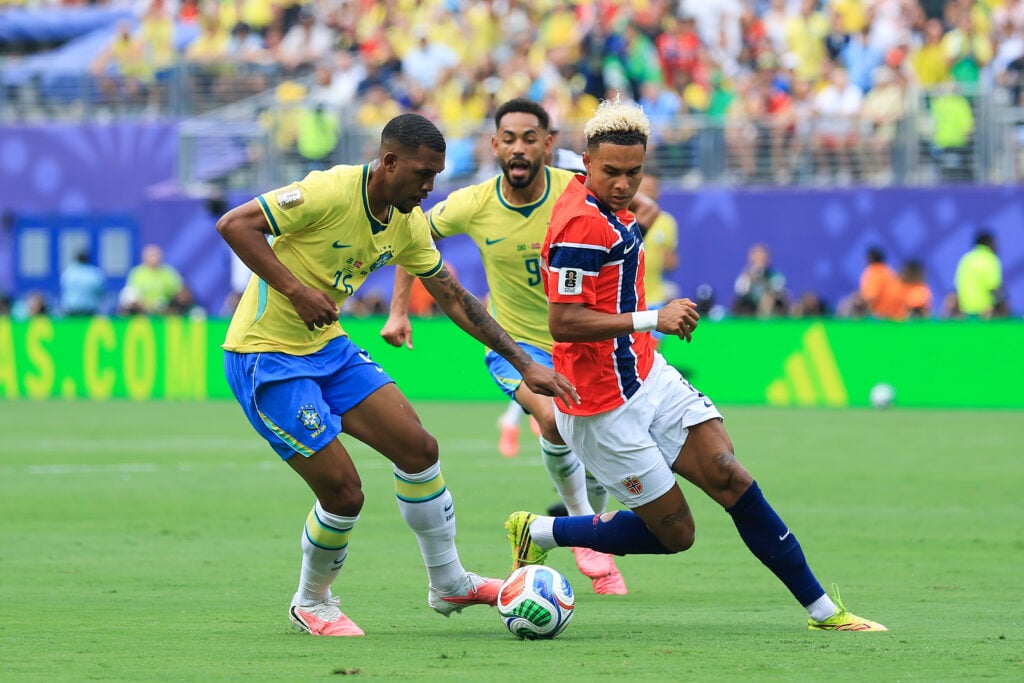 Rayan is challenged by Antonio Nusa during the FIFA World Cup last-16 match between Brazil and Norway in New Jersey