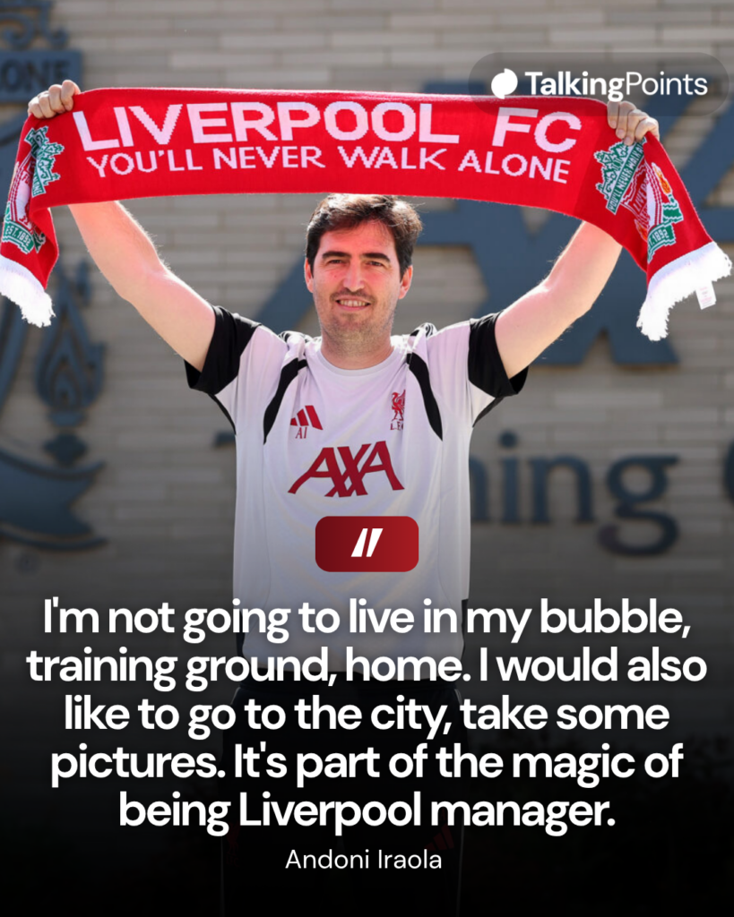 Andoni Iraola holds a Liverpool scarf up outside the AXA Training Centre before his first press conference as new head coach (Credit:Getty Images/Jan Kruger).