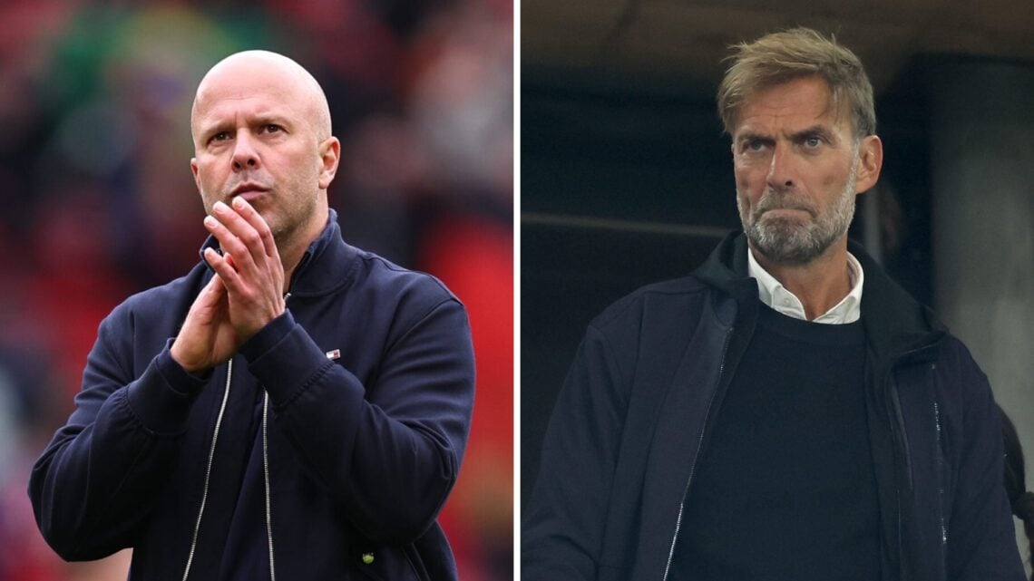Arne Slot applauds Liverpool fans after their Premier League match against Manchester United at Old Trafford. Jurgen Klopp pictured in the stands a...