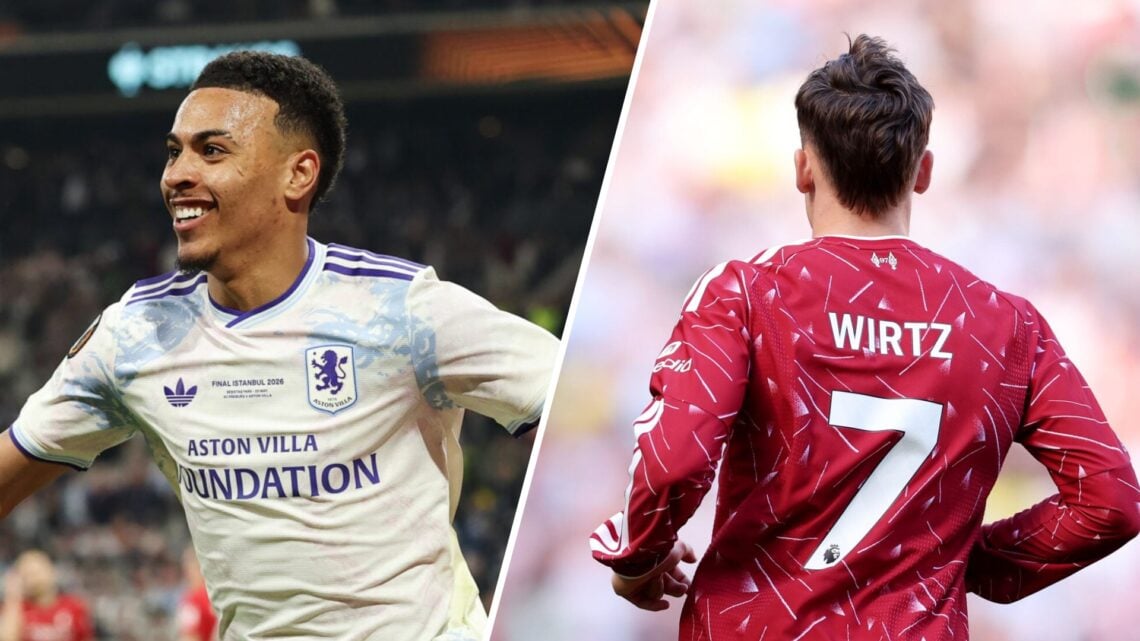 Morgan Rogers celebrates scoring during the UEFA Europa League final for Aston Villa against Freiburg. Florian Wirtz pictured in action during Live...